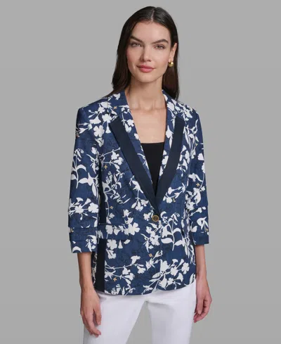 Karl Lagerfeld Petite Printed Collared Neck Blazer In Blue