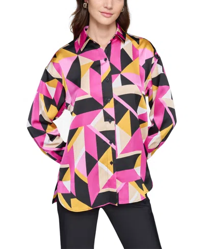 Karl Lagerfeld Petite Printed Long-sleeve Button-front Shirt In French Fuchsia