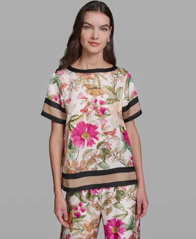 Karl Lagerfeld Petite Printed Oversized Boat Neck Blouse In Multi