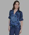 Karl Lagerfeld Petite Printed Puff-sleeve Button-front Shirt In Blue