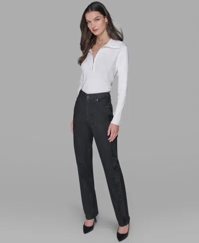 Karl Lagerfeld Petite Rhinestone Denim Jeans In Black