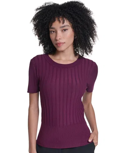 Karl Lagerfeld Petite Ribbed Crewneck Short-sleeve Sweater In Burgundy