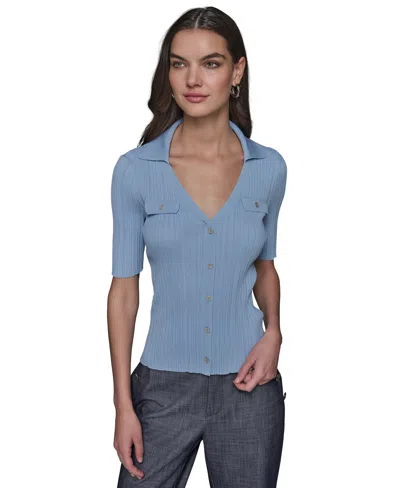 Karl Lagerfeld Petite Ribbed Polo Sweater In Chambray Blue