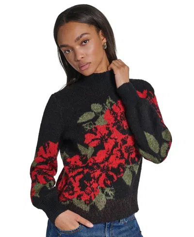 Karl Lagerfeld Petite Rose Floral-print Mock Neck Sweater In Black