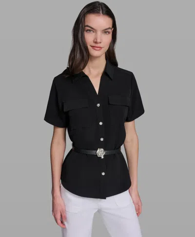 Karl Lagerfeld Petite Rosette Belted Collared Blouse In Black