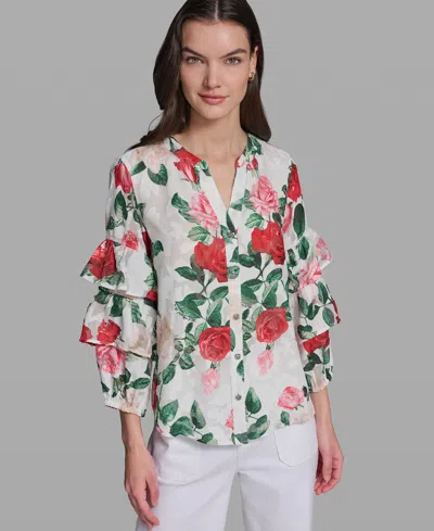 Karl Lagerfeld Petite Ruffle-sleeve Rose Print Blouse In Multi