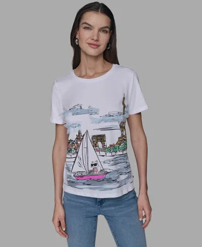 Karl Lagerfeld Petite Sailing Choupette Crewneck Tee In White