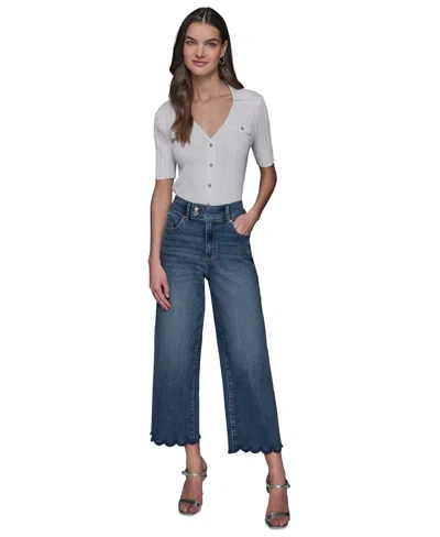Karl Lagerfeld Petite Scalloped-hem Cropped Wide-leg Jeans In Coastal Blue