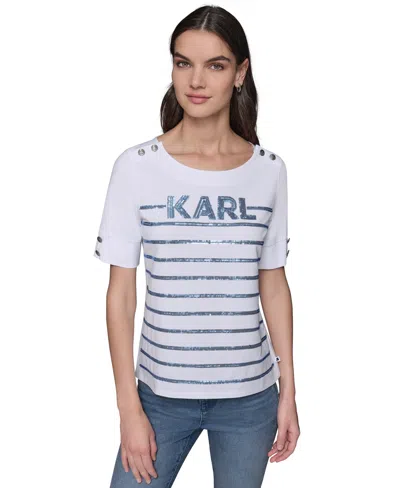 KARL LAGERFELD PETITE SEQUINED STRIPED KNIT TOP