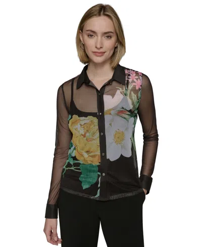 Karl Lagerfeld Petite Sheer Floral Button-up Shirt In Black