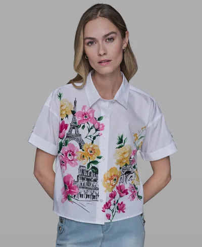Karl Lagerfeld Petite Short-sleeve Floral Print Shirt In White