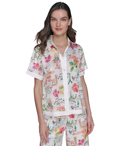 Karl Lagerfeld Petite Short-sleeve Multi-print Camp Shirt