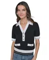 Karl Lagerfeld Petite Short-sleeve Tipped Polo Sweater In Black,soft White