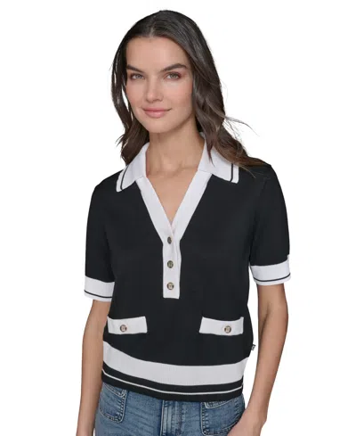 Karl Lagerfeld Petite Short-sleeve Tipped Polo Sweater In Black
