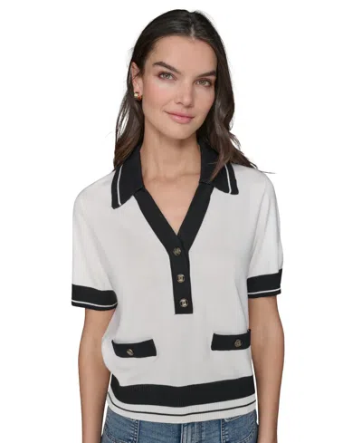 Karl Lagerfeld Petite Short-sleeve Tipped Polo Sweater In Soft White