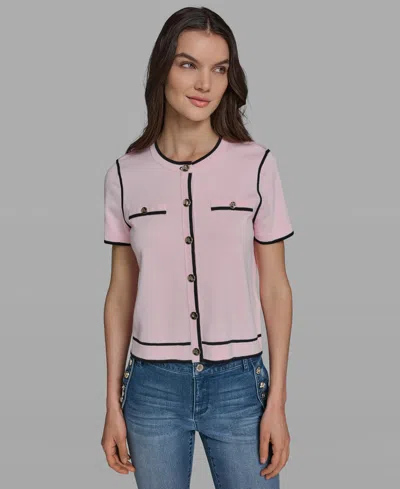 Karl Lagerfeld Petite Short-sleeve Tipped Sweater In Pink