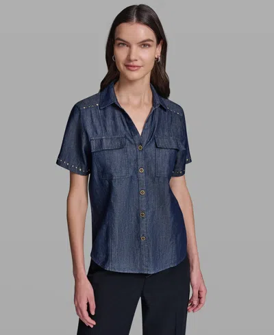 Karl Lagerfeld Petite Short-sleeve Blouse In Blue