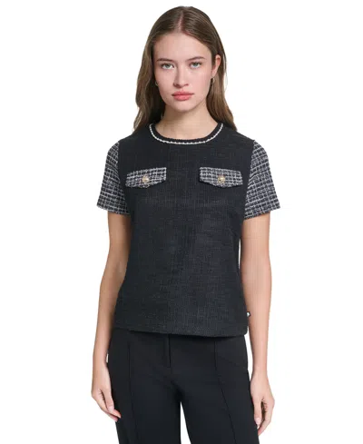 Karl Lagerfeld Petite Short-sleeve Trim Crewneck Blouse In Black