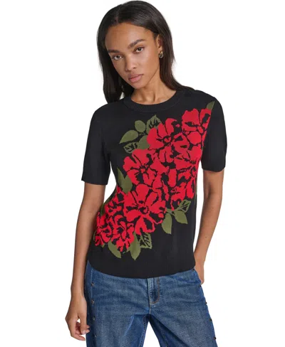 Karl Lagerfeld Petite Short-sleeves Rose Floral Short-sleeve Crewneck Sweater In Blue