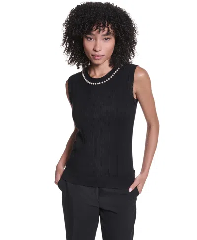 Karl Lagerfeld Petite Sleeveless Crewneck Sweater In Black