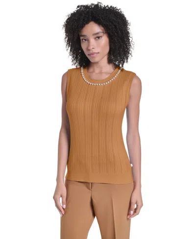 Karl Lagerfeld Petite Sleeveless Crewneck Sweater In Brown
