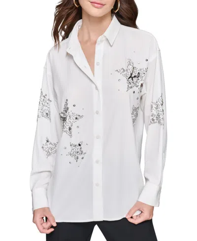 Karl Lagerfeld Petite Stars And Studs Collared Shirt In Soft White