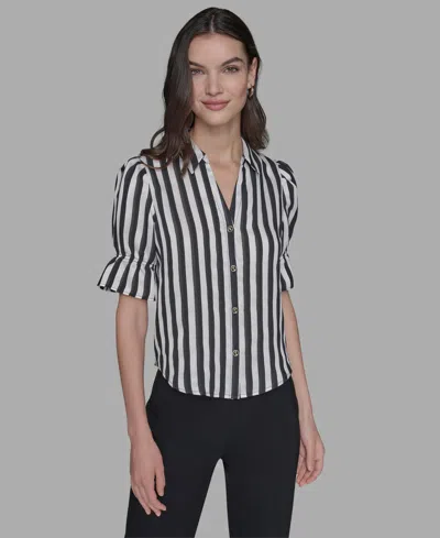 Karl Lagerfeld Petite Striped Puff-sleeve Shirt In Multi