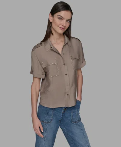 Karl Lagerfeld Petite Textured Studded Blouse In Brown