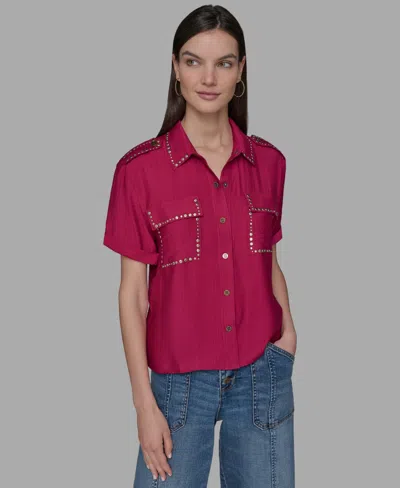 Karl Lagerfeld Petite Textured Studded Blouse In Pink