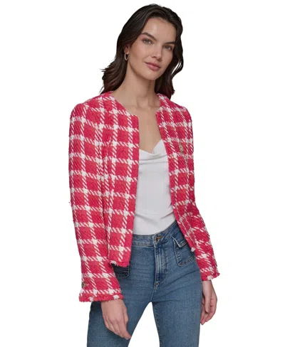 Karl Lagerfeld Plus Size Open Tweed Short Jacket, Exclusively At Macy's In Tea Berry Sunset Coral