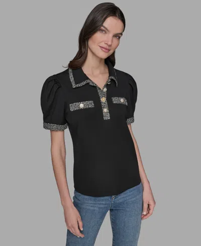 Karl Lagerfeld Petite Tweed-trim Knit Top In Black