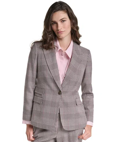 Karl Lagerfeld Petite Woven Plaid Lined Blazer In Gray