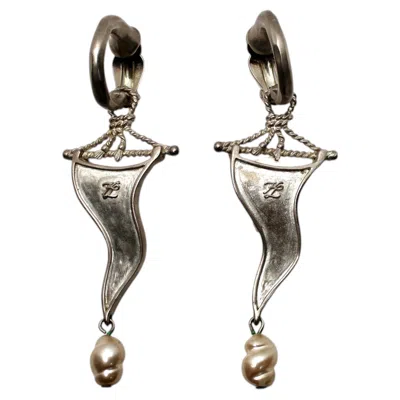 Pre-owned Karl Lagerfeld Pewter Flag Motif Vintage Earrings With Costume Pearl Drop In Multi