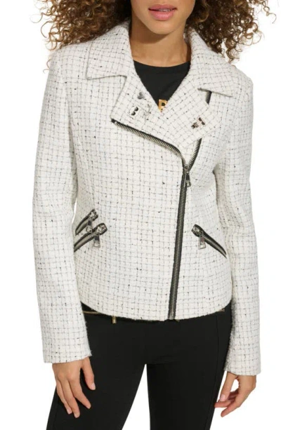Karl Lagerfeld Pin Detail Tweed Moto Jacket In White Multi