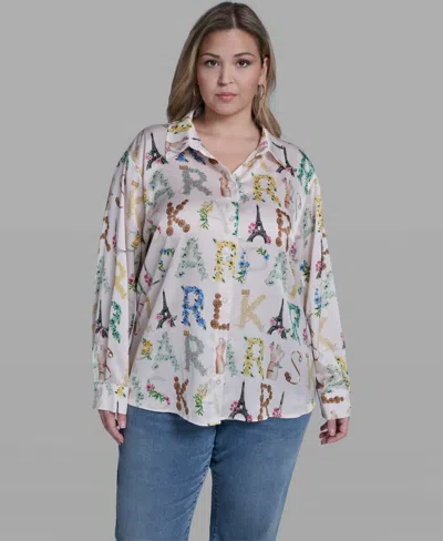 Karl Lagerfeld Paris Logo Print Satin Button-up Shirt In Multi