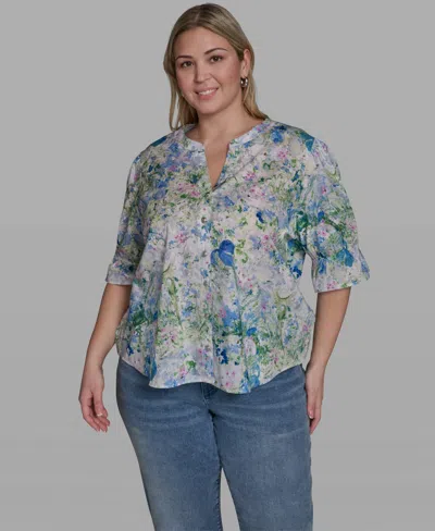 Karl Lagerfeld Plus Size Allover Watercolor Split Neck Blouse In Multi