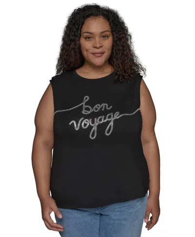 Karl Lagerfeld Plus Size Bon Voyage Graphic Top In Black