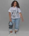 Karl Lagerfeld Plus Size City Scene Poplin Short Sleeve Shirt Crystal Cuffed Jeans In White