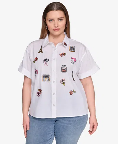 Karl Lagerfeld Plus Size Cotton Embroidered Camp Shirt