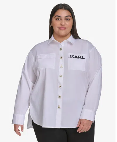 Karl Lagerfeld Plus Size Cotton Poplin Motif Button-up Shirt, Exclusively At Macy's In White,gold