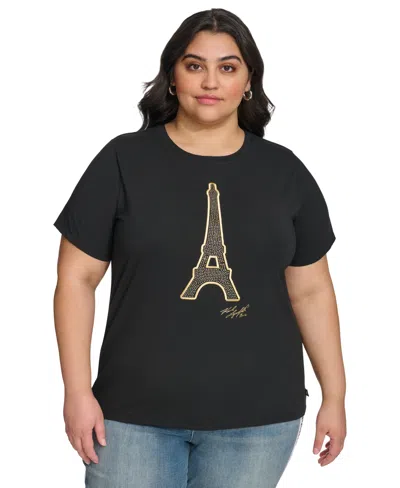 Karl Lagerfeld Plus Size Eiffel Tower Embellished T-shirt, First@macy's In Black,gold