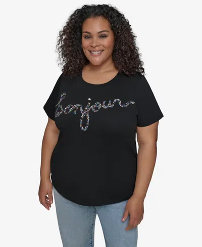 Karl Lagerfeld Plus Size Embellished Bonjour T-shirt In Black