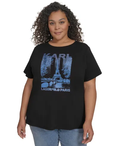 Karl Lagerfeld Plus Size Embellished Eiffel Tower Tee, Exclusively At Macy's In Black