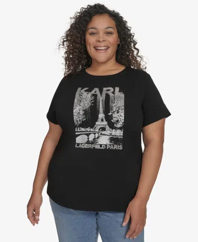 Karl Lagerfeld Plus Size Embellished Eiffel Tower Tee, Exclusively At Macy's In Black Silver