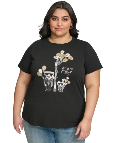 Karl Lagerfeld Plus Size Embellished Graphic-print T-shirt In Black,gold
