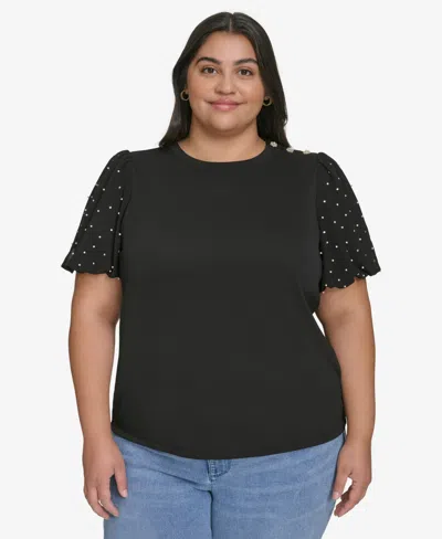 Karl Lagerfeld Plus Size Embellished Puff-sleeve T-shirt, Exclusively At Macy's In Black