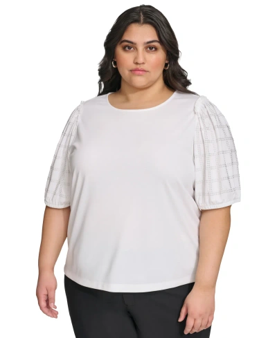 Karl Lagerfeld Plus Size Embellished Puff Sleeve Top In Soft White