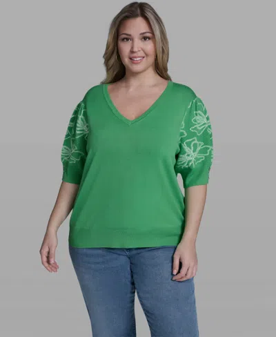 Karl Lagerfeld Plus Size Floral Printed Sleeve Sweater In Green