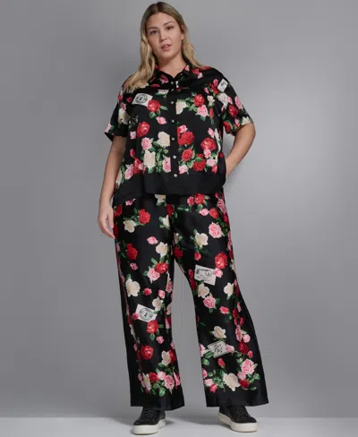Karl Lagerfeld Plus Size Floral-print Collared Blouse In Black