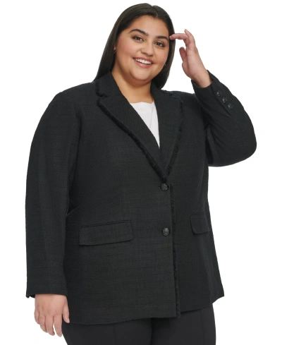 Karl Lagerfeld Plus Size Fringe Trim Tweed Blazer In Black